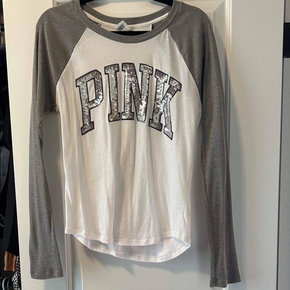 PINK Victoria's Secret Sequin Logo Shirt - Gray and White